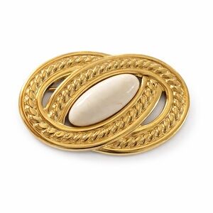 Vintage Signed Monet Gold Tone Brooch With Cream Cabochon Oval Rope Design